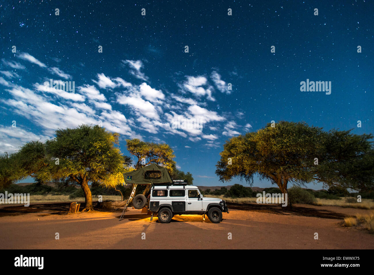 duwisib Namibia - Long exposure of a Land Rover parked in the desert Stock Photo
