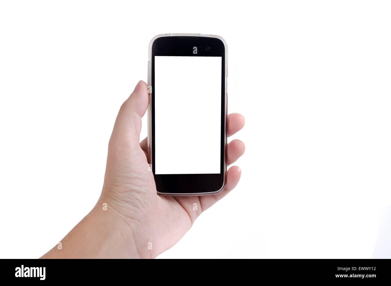 Human hand holding cell phone (smartphone) with blank empty screen ...