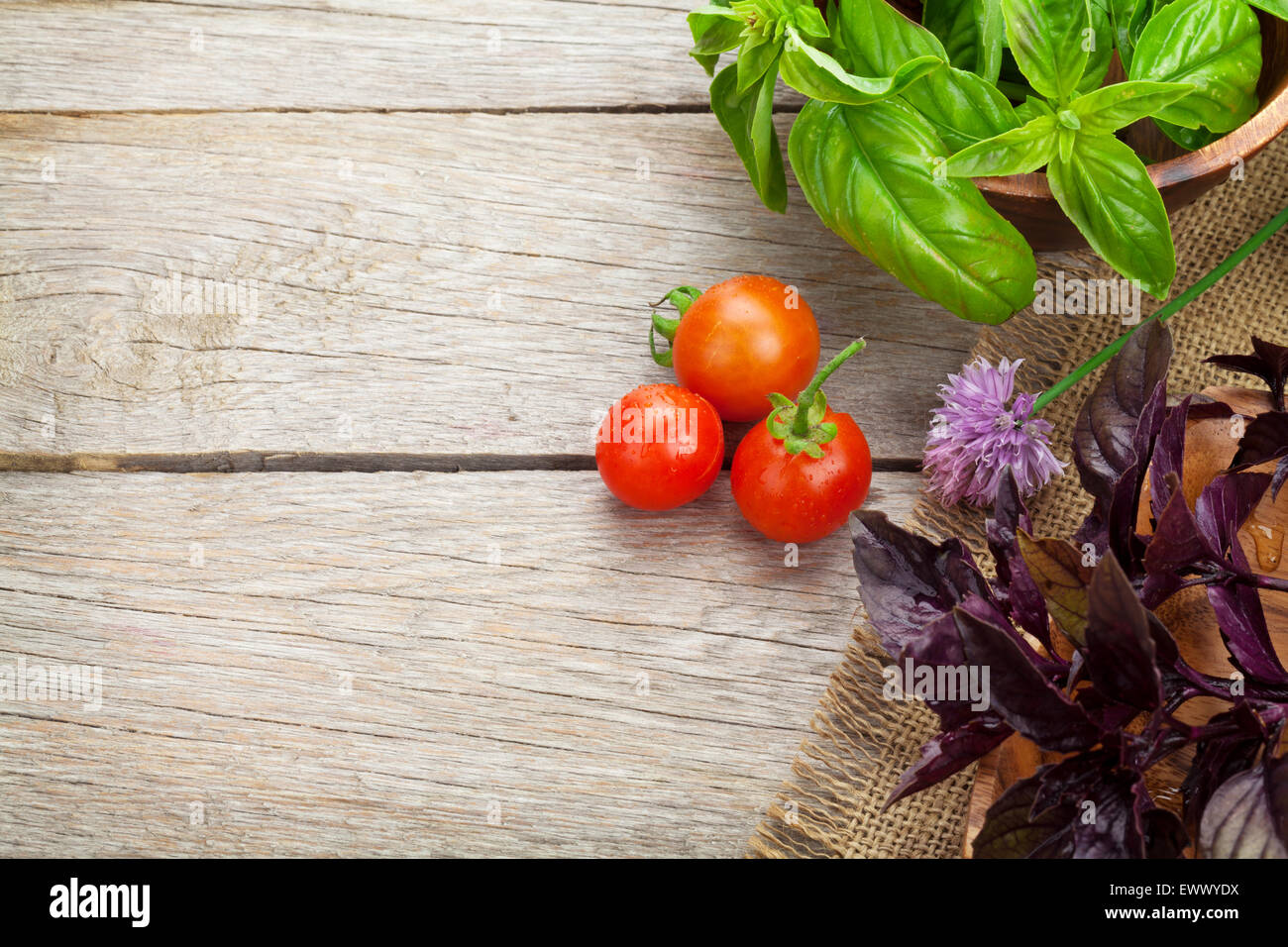 Fresh farmers tomatoes and basil on wood table with copy space Stock ...