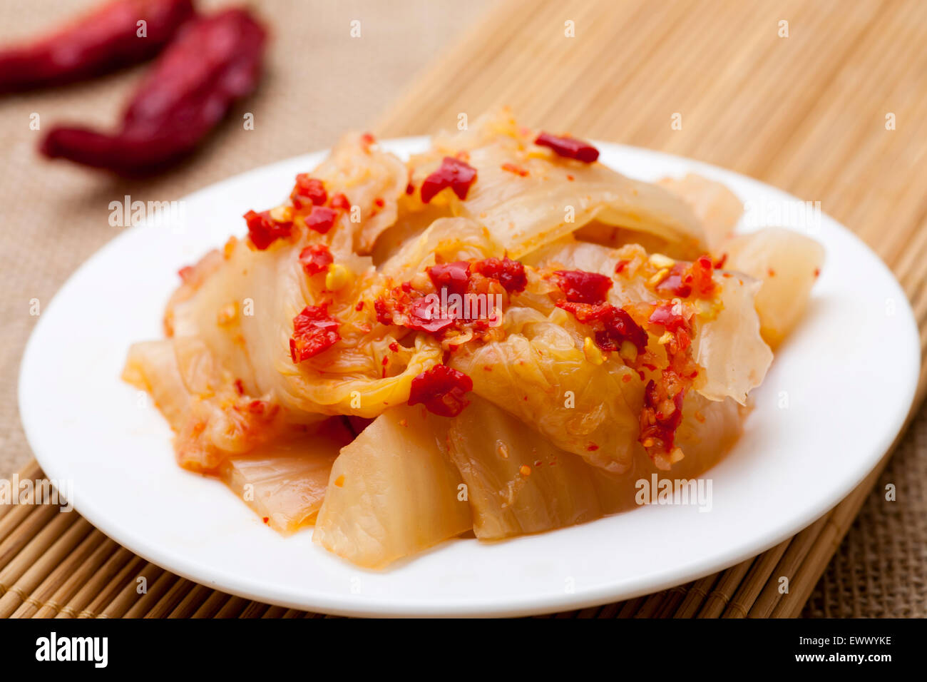 Spicy Korean kimchee on plate Stock Photo