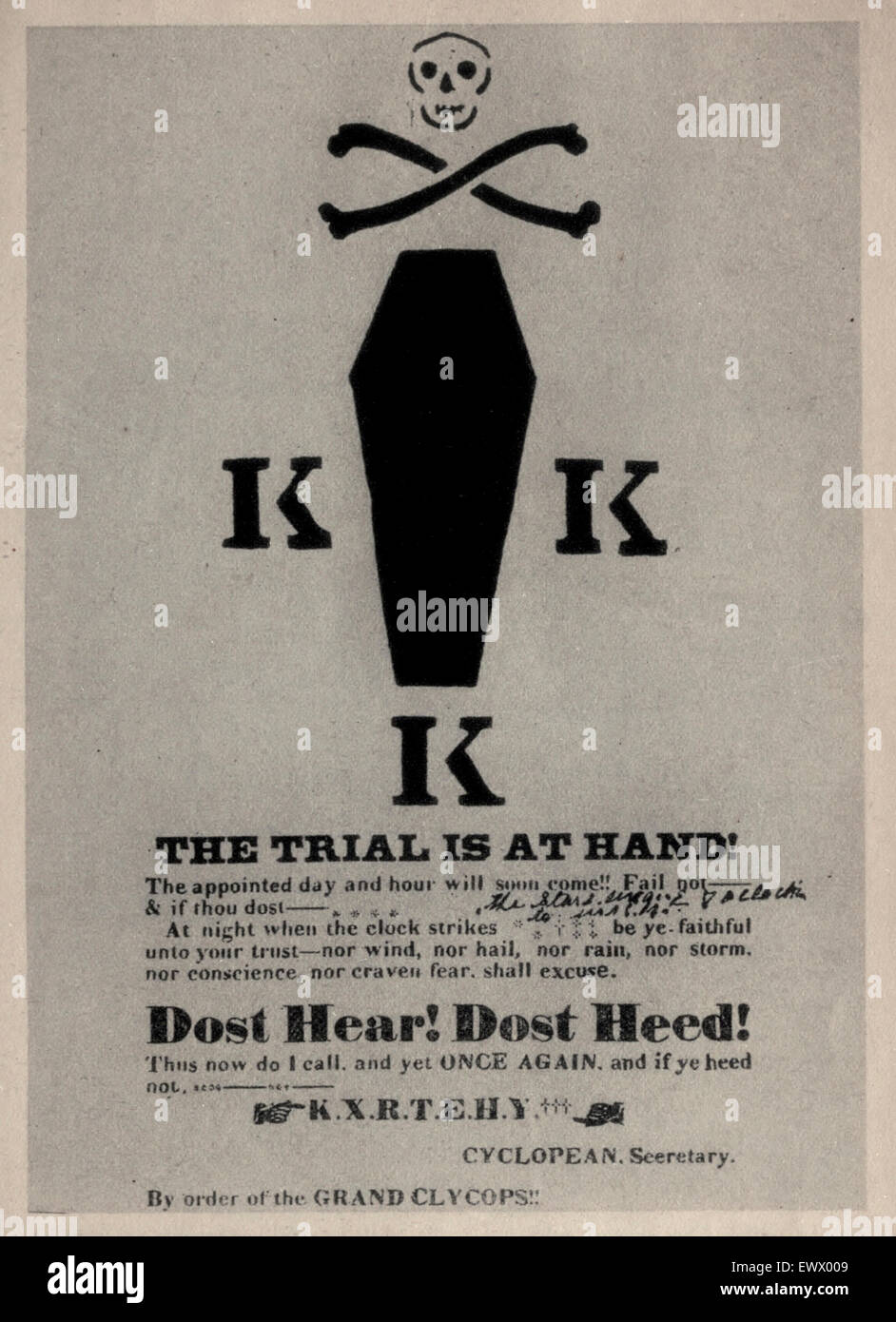 The Trial is at hand - a rare Ku Klux Klan Broadside warning, printed and posted in Tuscaloosa, Alabama, circa 1868 Stock Photo