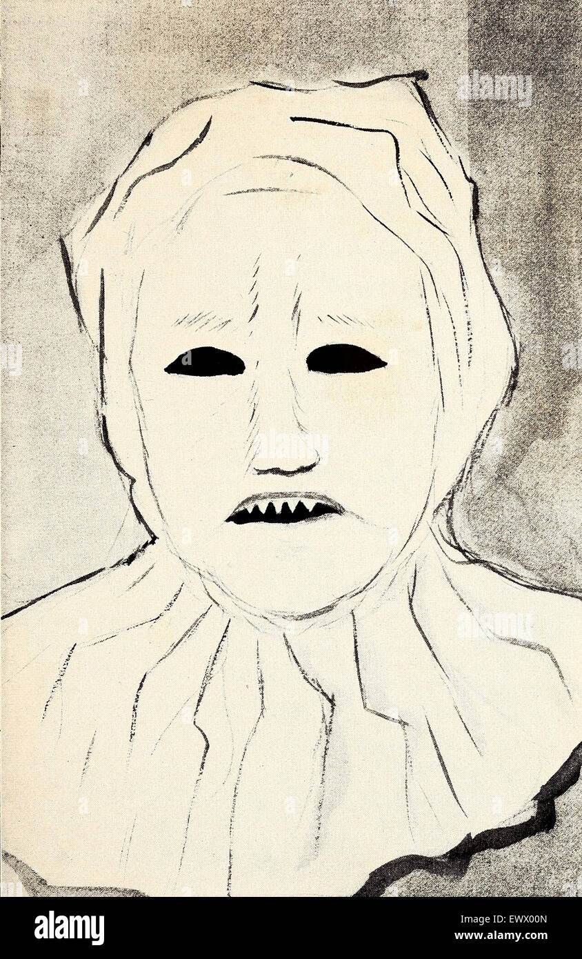 This is a drawing of the mask worn by the organizers of the original Ku Klux Klan, loaned by the Archives of History of Alabama, circa 1900 Stock Photo