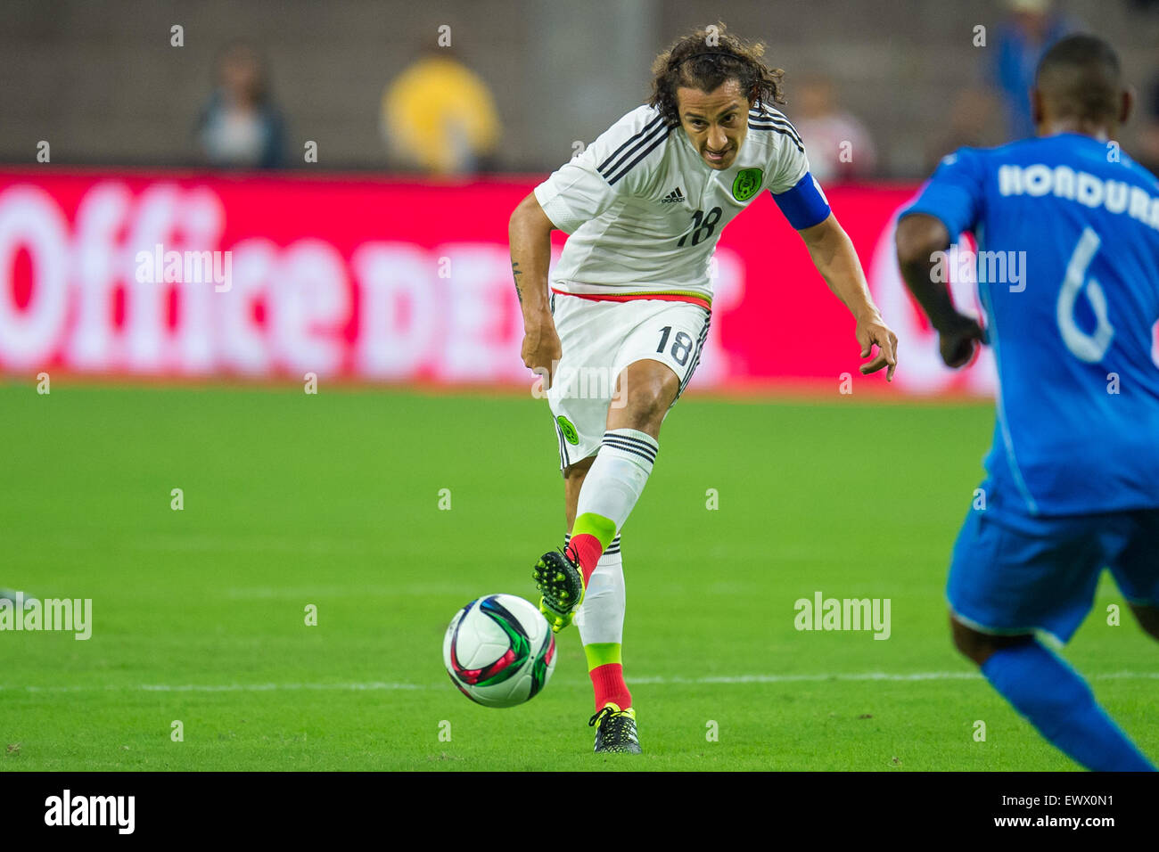 July 1, 2015: Mexico midfielder Andres Guardado (18) passes the ball during the 2nd half of an international soccer match between Honduras and Mexico at NRG Stadium in Houston, TX. The game ended in a 0-0 draw.Trask Smith/CSM Stock Photo
