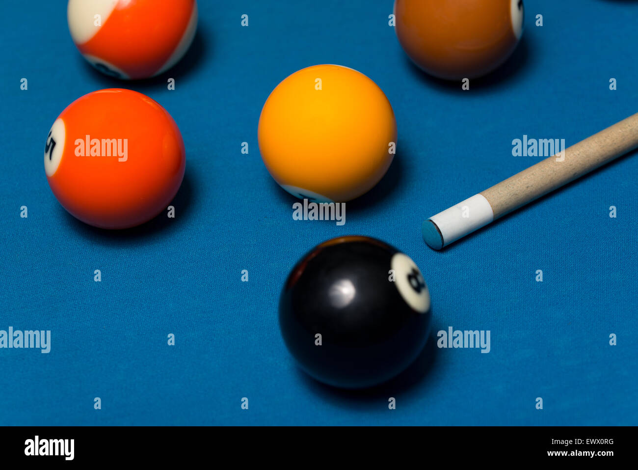 Pool Table With Balls And Cue Stick Stock Photo Alamy