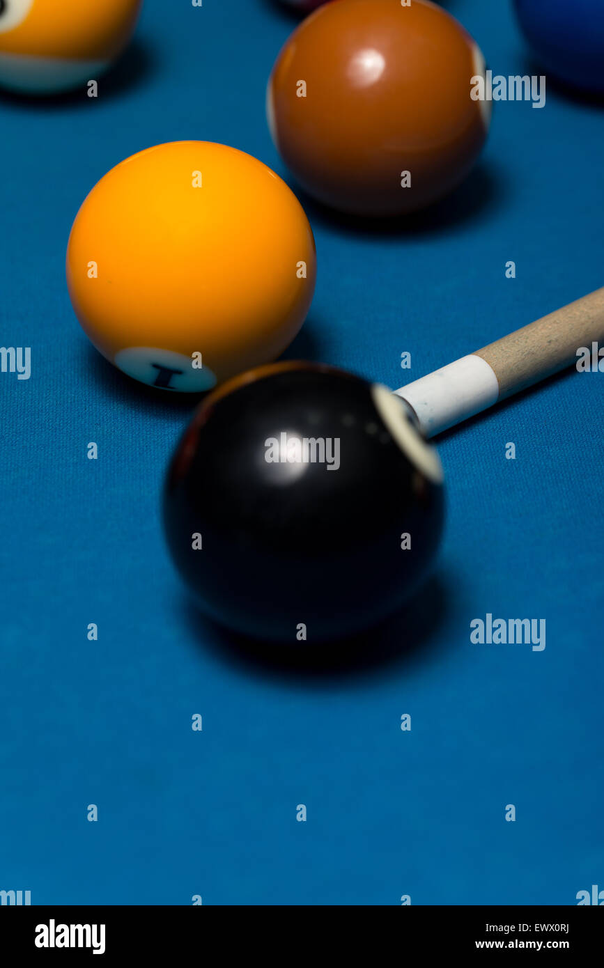 Pool Table With Balls And Cue Stick Stock Photo Alamy
