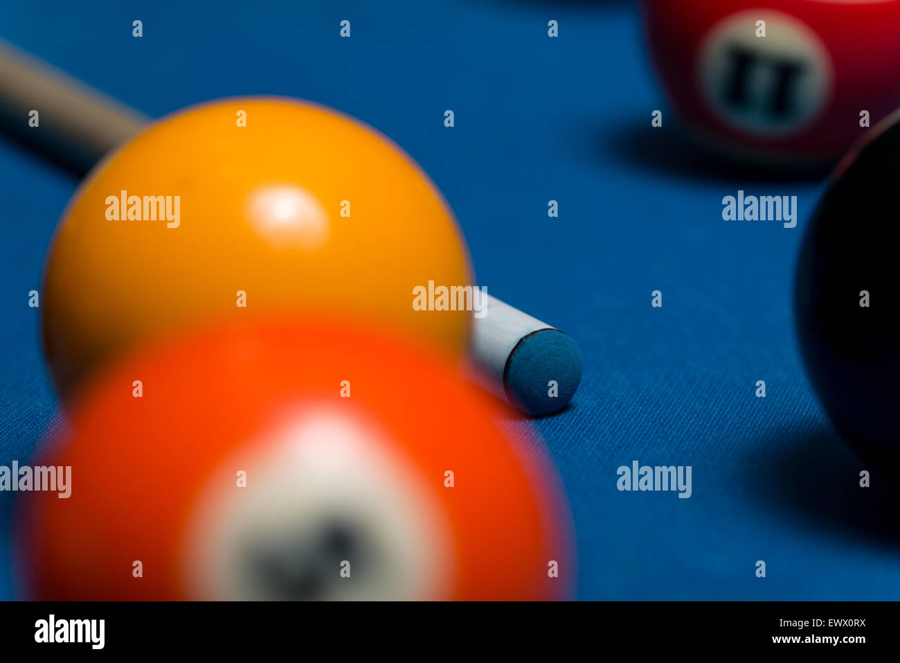 Pool Table With Balls And Cue Stick Stock Photo Alamy