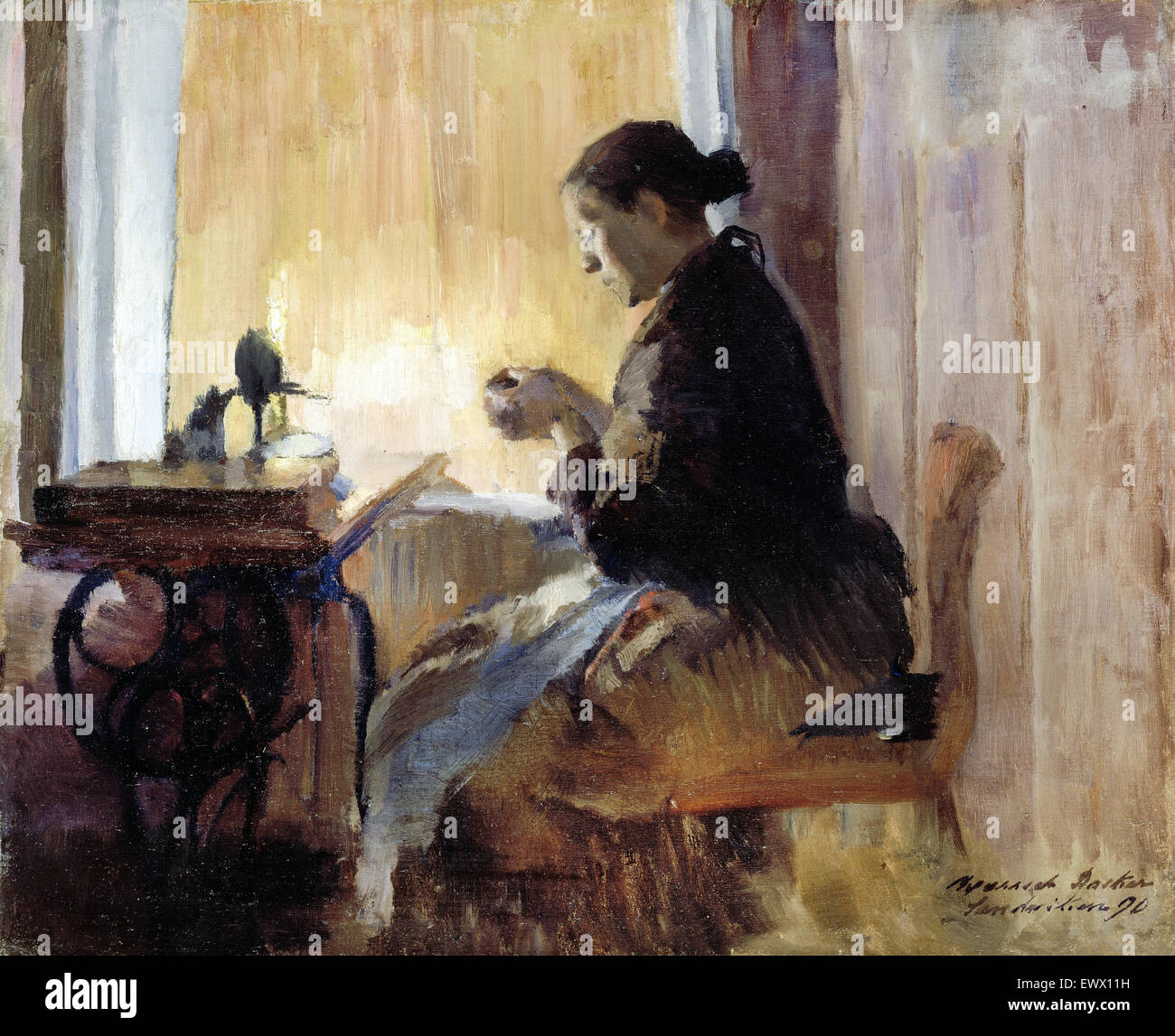 Harriet Backer, By Lamp Light 1890 Oil on canvas. The National Museum of Art, Architecture and Design, Oslo, Norway. Stock Photo