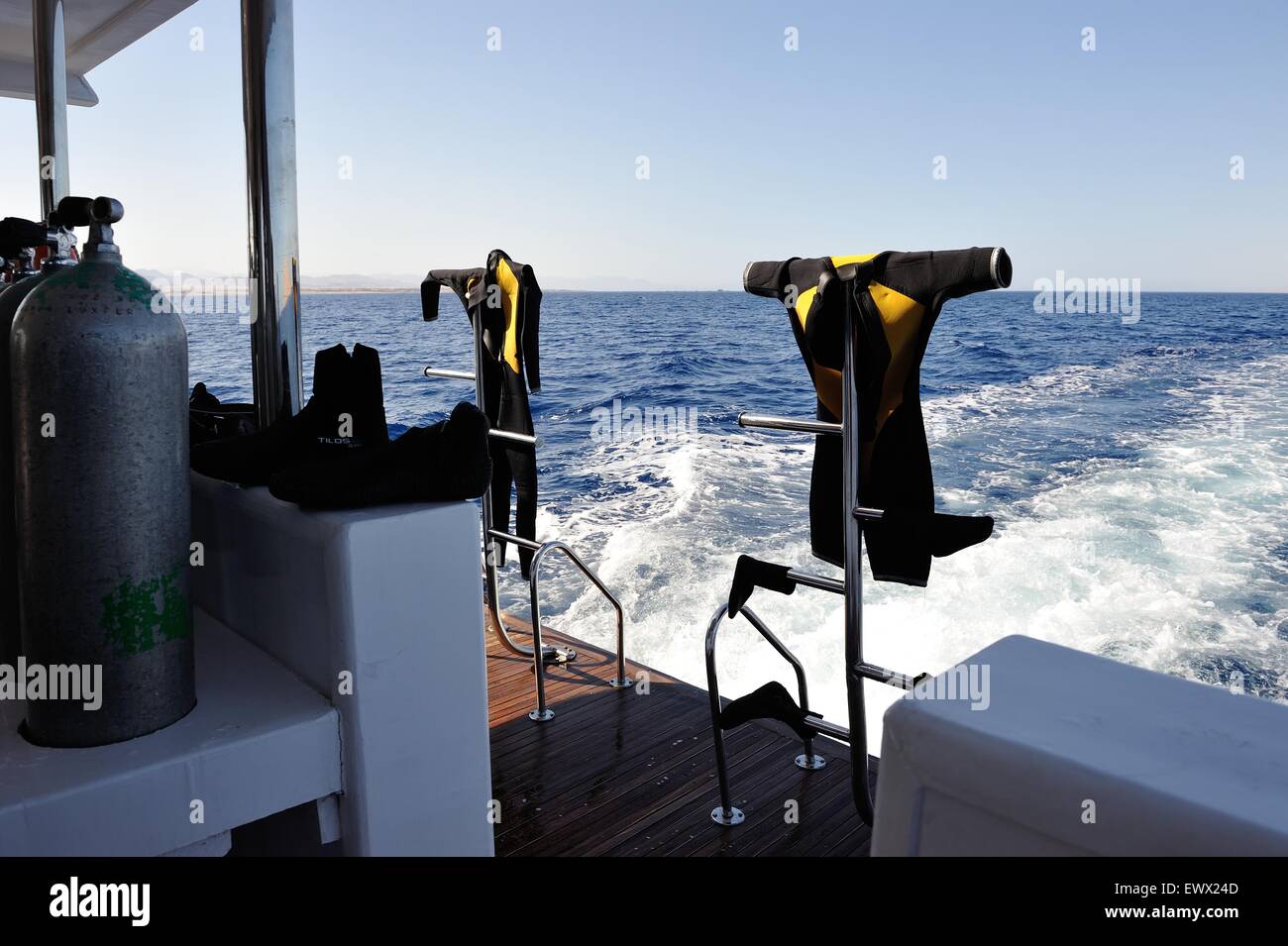 Drying of wet diving suits after immersion.1-8 july 2014 Stock Photo