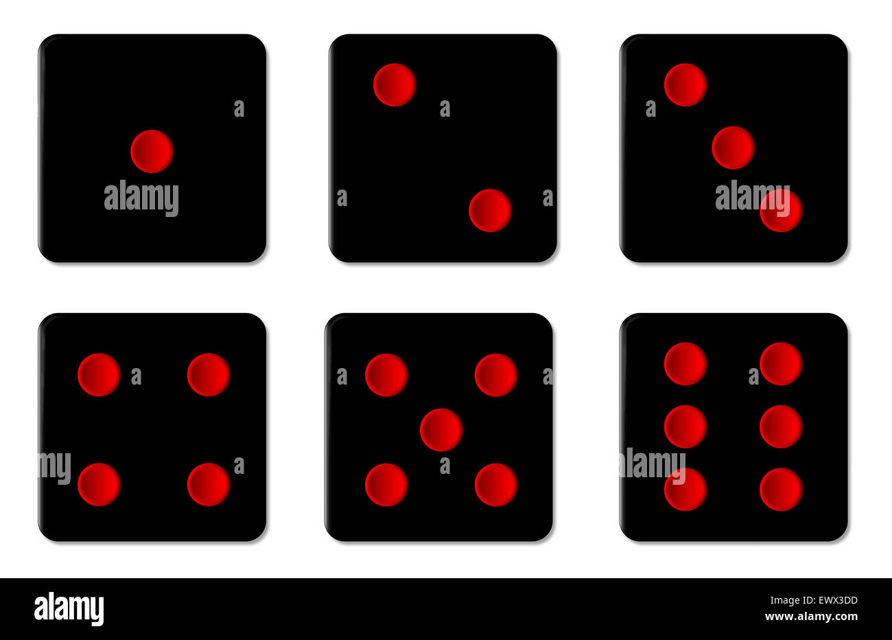 The six faces of black dice with red spots over a white background