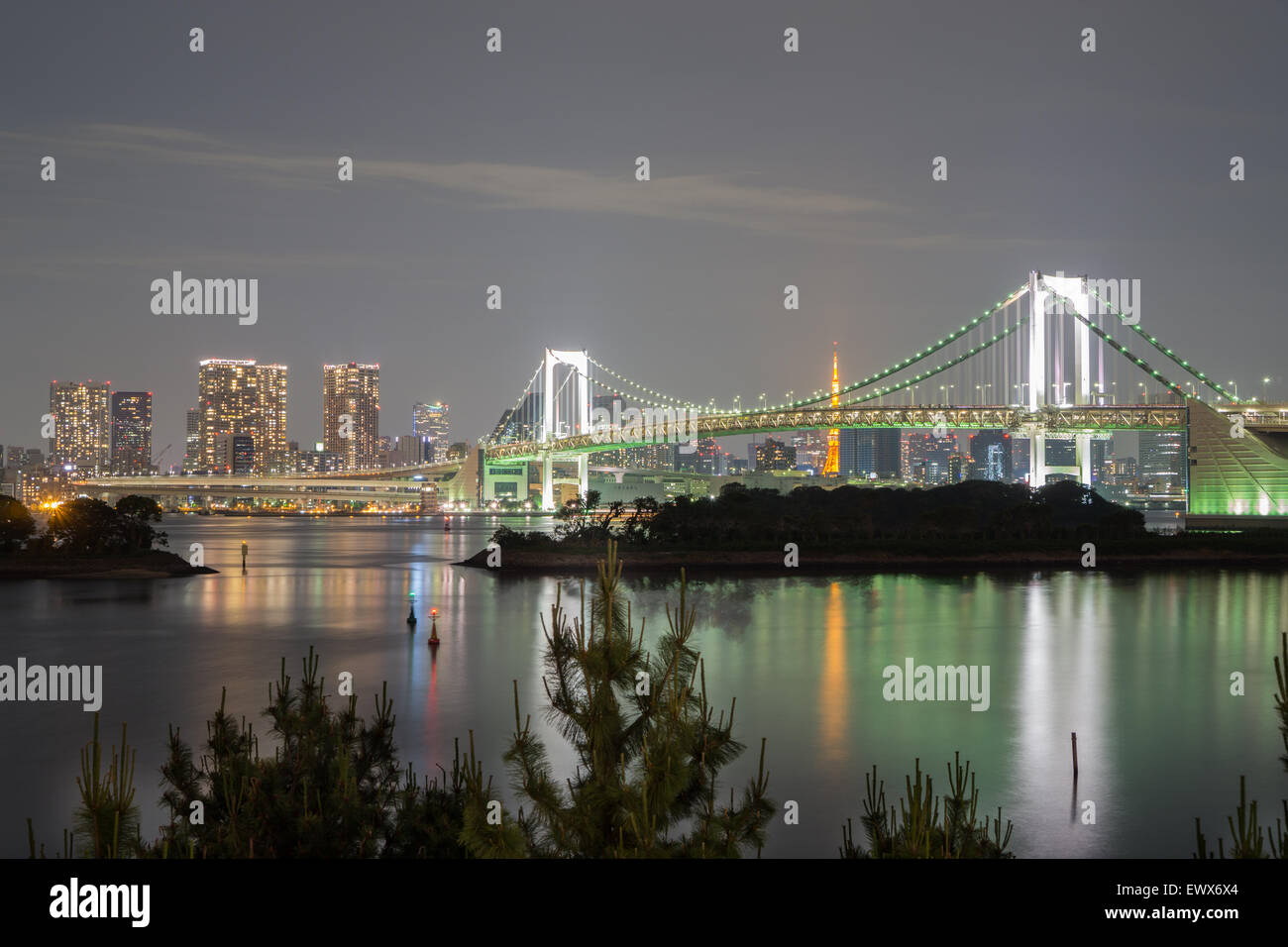 Long exposure of bay and Rainbow bridge from Odaiba, Nightview Stock Photo