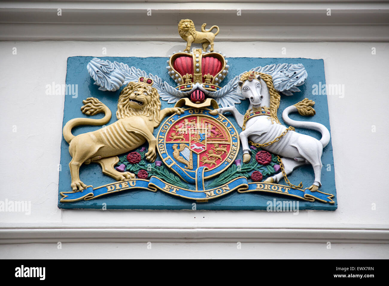 Royal Coat of Arms, Dieu et mon droit, Falmouth, Cornwall, England, UK Stock Photo