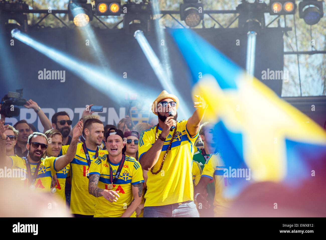 Swedish football players are welcomed back to Sweden after winning the UEFA European Under-21 Football Championship. Stock Photo