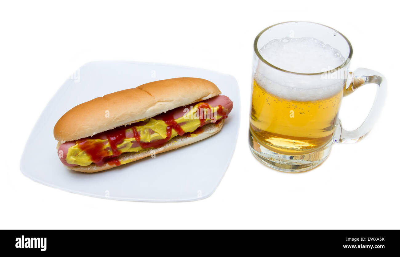 Beer and hot dogs on a white background Stock Photo
