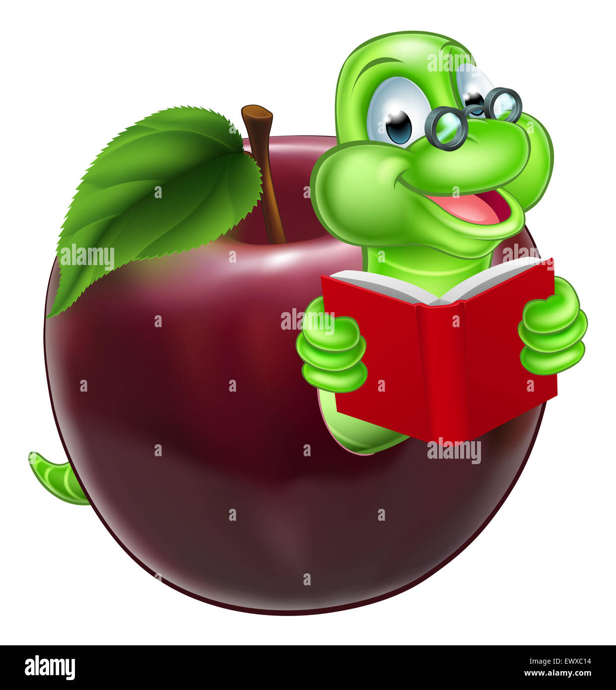 A happy cute cartoon caterpillar bookworm worm or caterpillar reading a book and coming out of an apple and wearing glasses Stock Photo