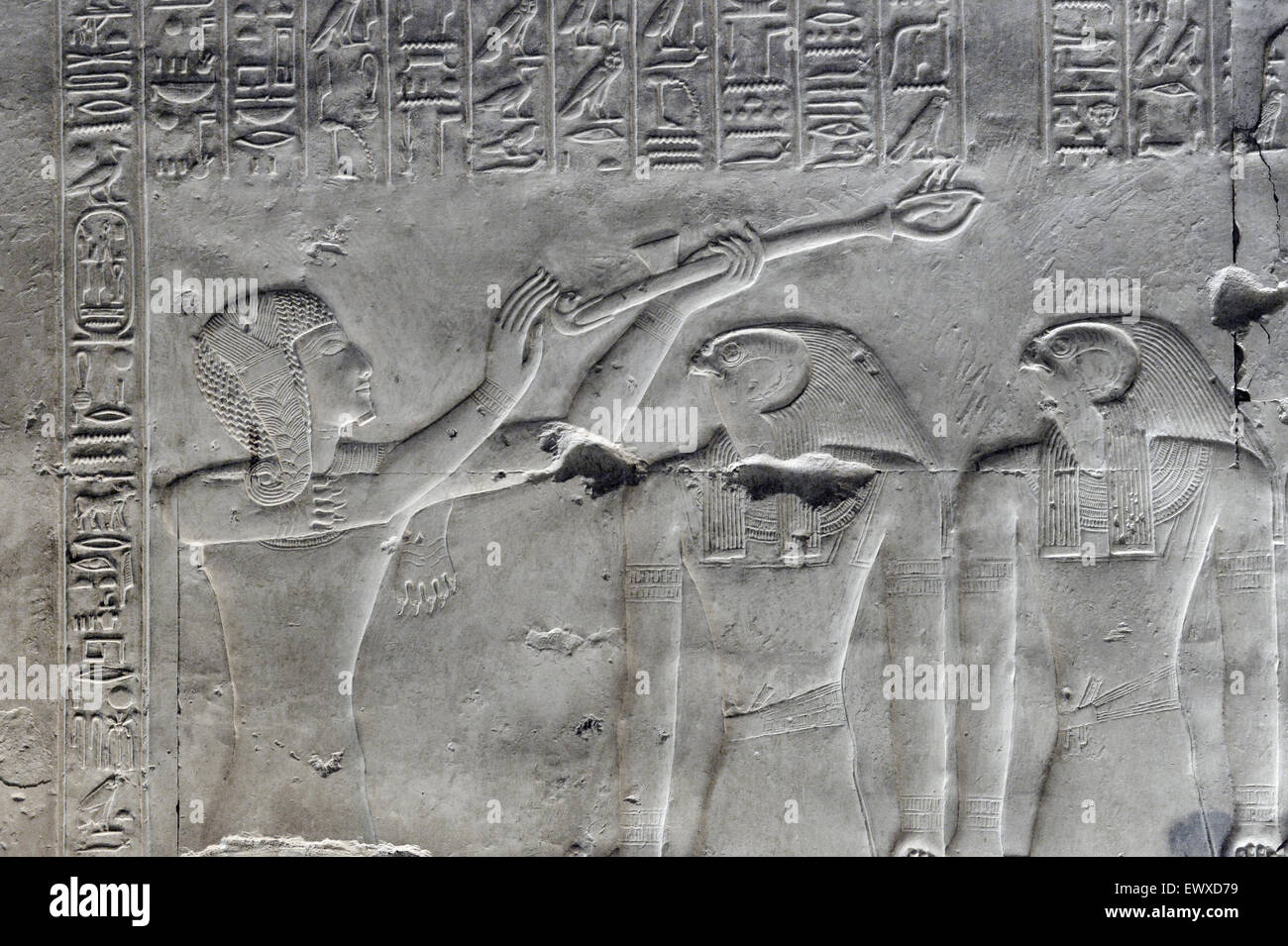 Abydos,Egypt, the mortuary temple of pharaoh Seti I, Menmaatra, (XIX° dyn. 1321-1186 B.C.) - The king incenses divinities Stock Photo