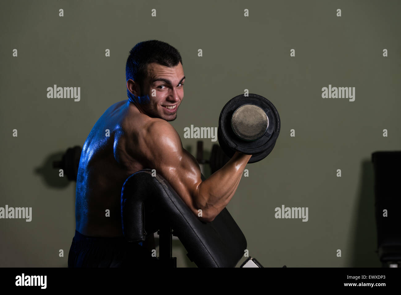 Young Man Working Out Biceps - Dumbbell Concentration Curls Stock Photo ...