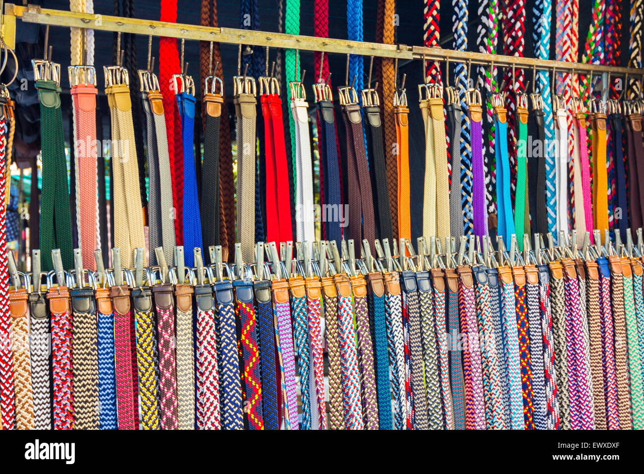 many belts of all types and colors Stock Photo