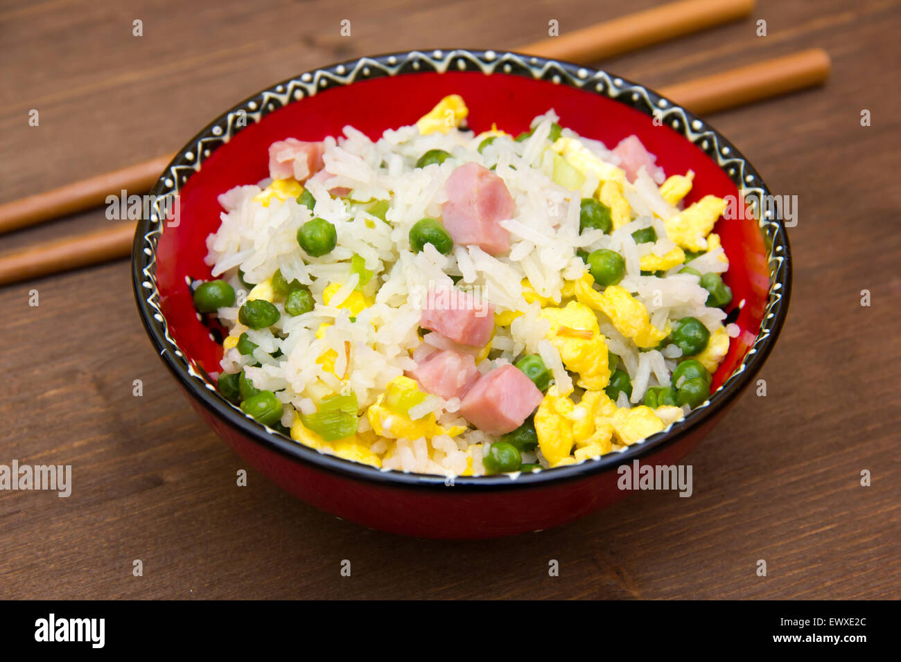 Cantonese rice on wooden table seen close Stock Photo Alamy
