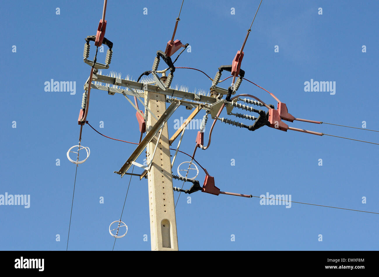 Electrical tower with cables with bird flight diverters to prevent birds being electrocuted. Stock Photo