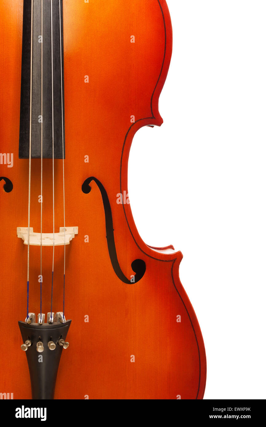 Fragment view of cello body with bridge, F-holes Stock Photo
