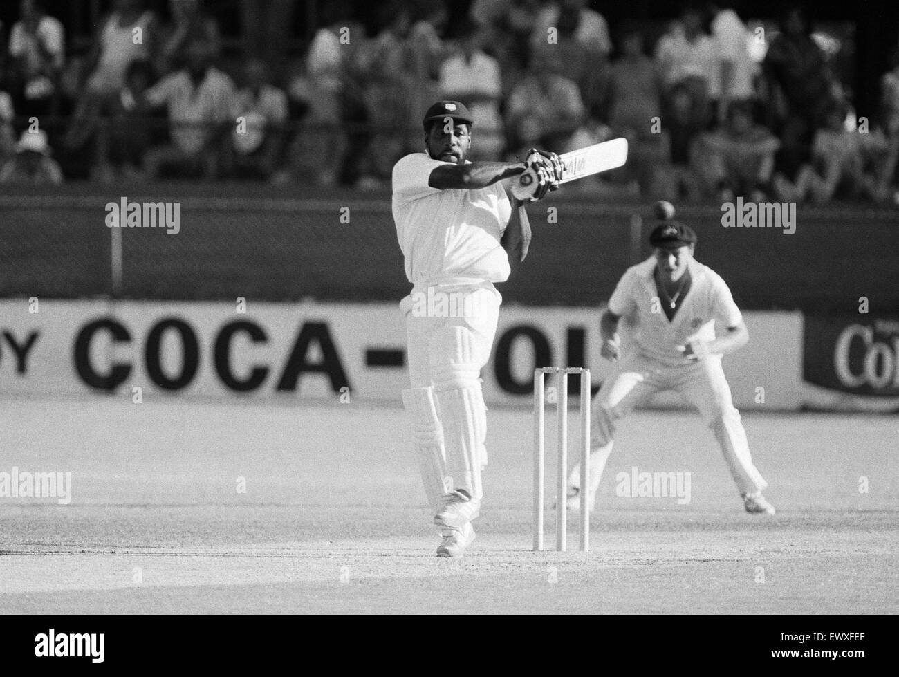 West Indies tour of Australia and New Zealand 1979 - 1980. Australia v West Indies First test match at Brisbane Cricket Ground, Woolloongabba, Brisbane.  Viv Richards in batting action for West indies. December 1979. Stock Photo