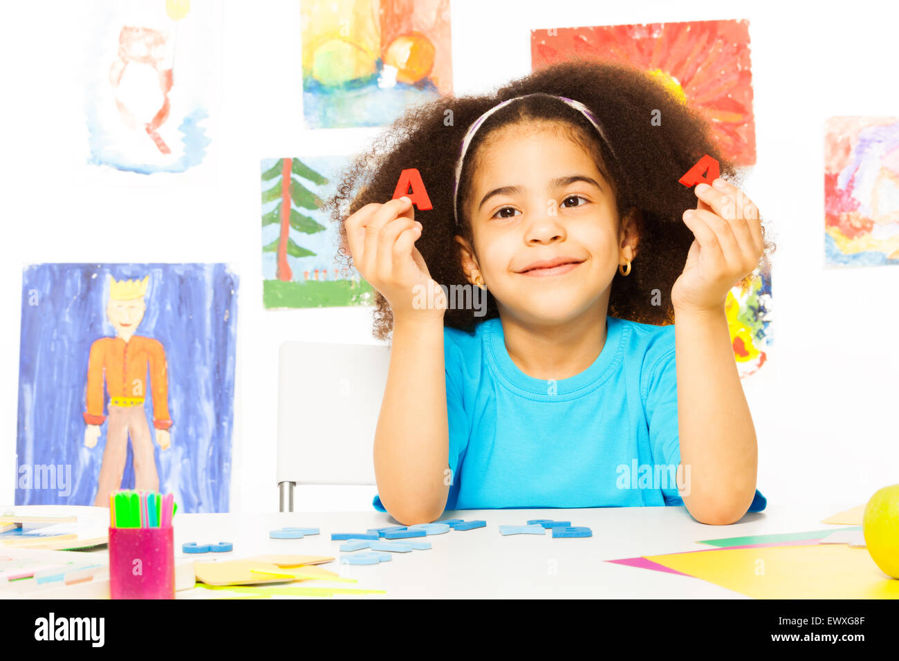 Cute African Girl Show Letters Learning Alphabet Stock Photo Alamy