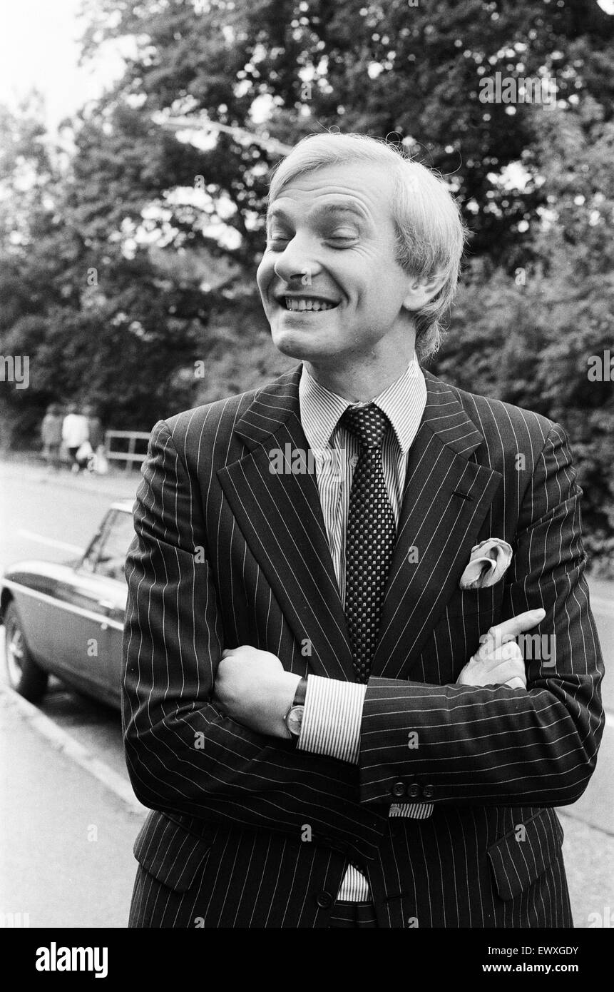 Harvey Proctor, 34 year old MP for Basildon, Essex, talking to reporters outside his home at Billericay, Essex. It is alleged that a Mr John Woods broke up his fathers home after he had broken up a relationship with Mr Proctor. Mr Proctor denied the alleg Stock Photo