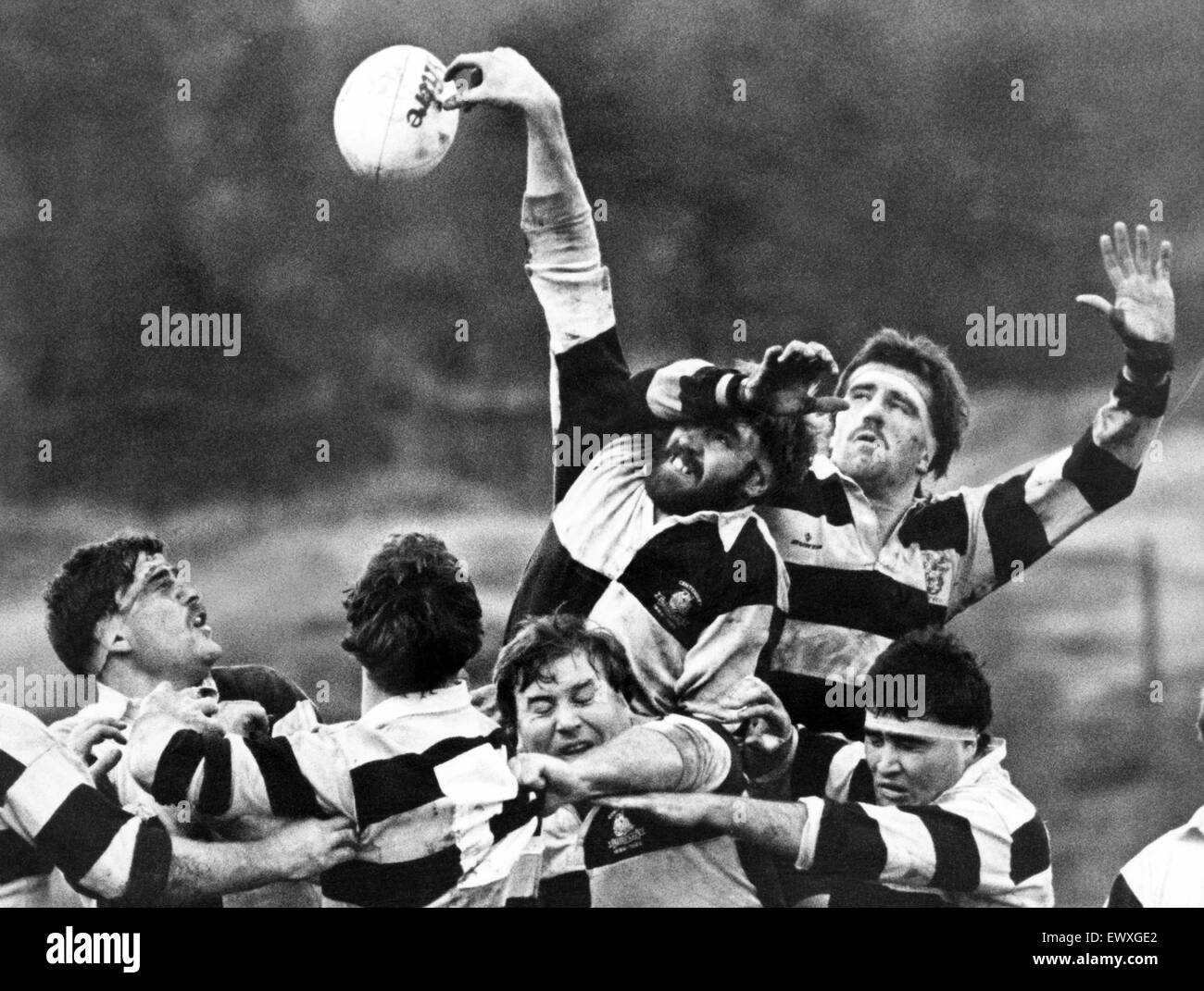 Treorchy's Keith Evans wins line-out possession from Cardiff's Welsh international Bob Norster. 15th November 1986. Stock Photo