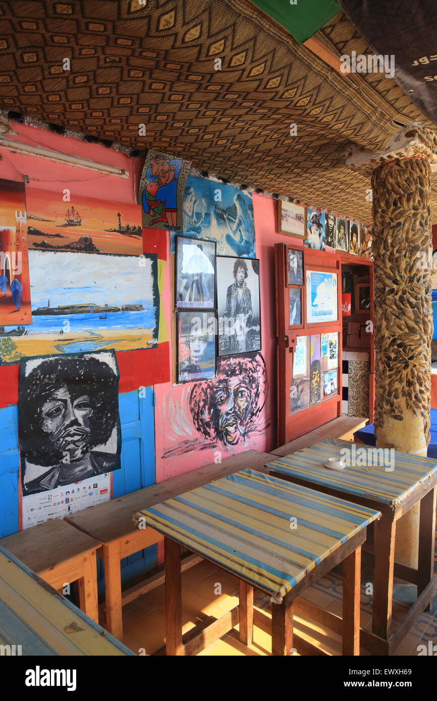 The inside of the Cafe Restaurant Jimi Hendrix, in the 1960s hippy town of Diabat, in Morocco, north Africa Stock Photo