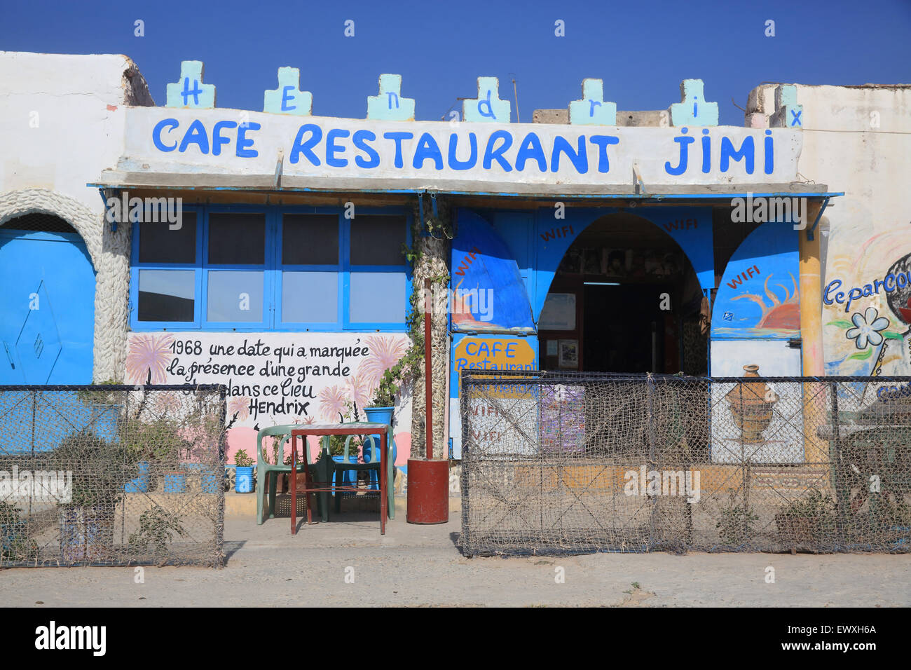Cafe Restaurant Jimi Hendrix, in Diabat, the 1960s hippy town, near Essaouira, in Morocco, North Africa Stock Photo