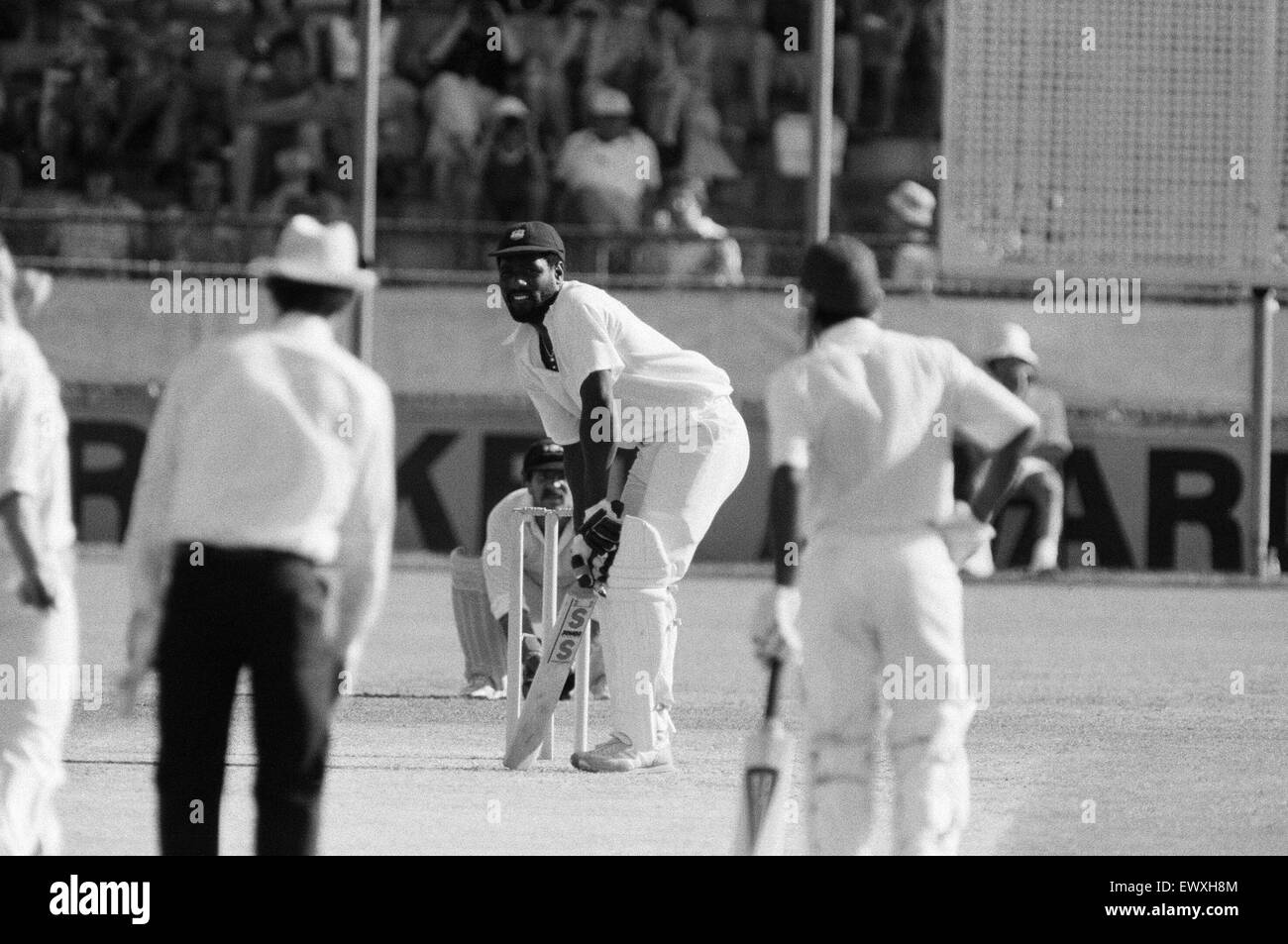 West Indies tour of Australia and New Zealand 1979 - 1980. Australia v West Indies First test match at Brisbane Cricket Ground, Woolloongabba, Brisbane.  Viv Richards in batting action for West indies, waiting for a delivery at the crease. December 1979. Stock Photo