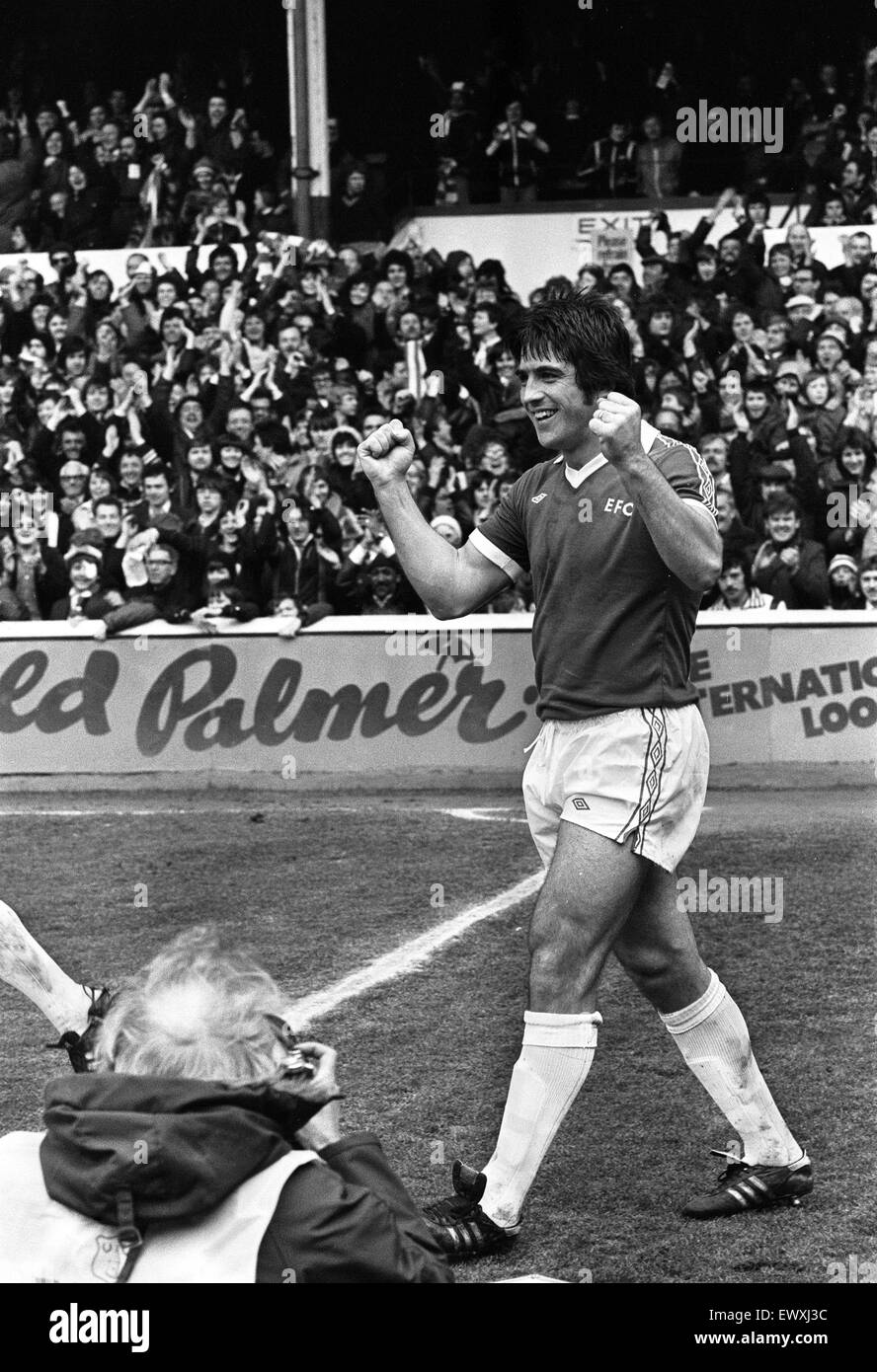 English League Division One match at Goodion Park. Everton 2 v Leeds United 0. Everton's Bob Latchford celebrates after putting his  side into the lead. 25th March 1978. Stock Photo