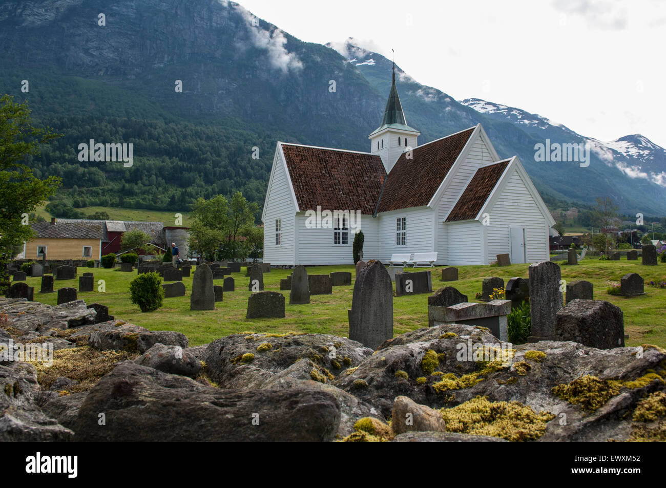 Pretty timber church in Olden Norway. Called Old Church it was built in 1759 Stock Photo