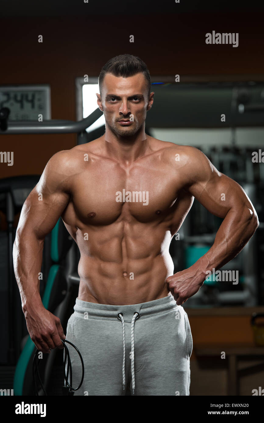 Handsome Muscular Man With Jumping Rope Cardio Time Stock Photo Alamy