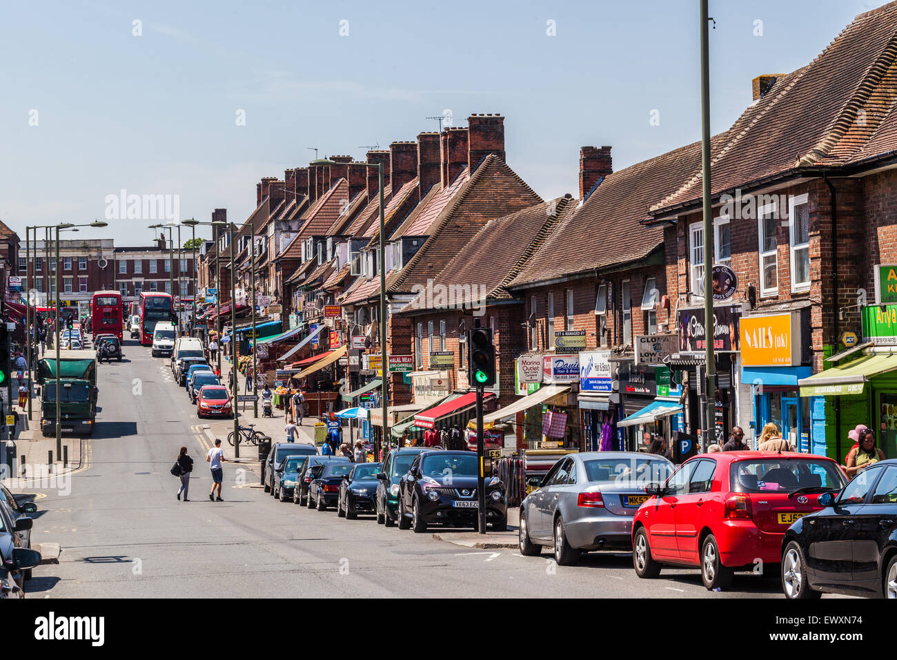 A row of victorian terraced houses along Burnt Oak Broadway, Edgware, Greater London, HA8, England, UK. Stock Photo