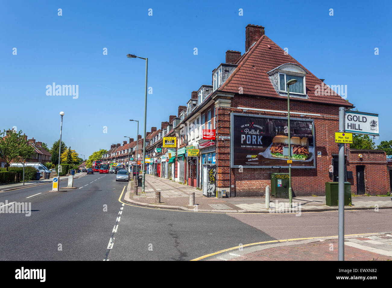 Row of houses and shops on Deansbrook Road, High street, Edgware, HA8, England, UK Stock Photo