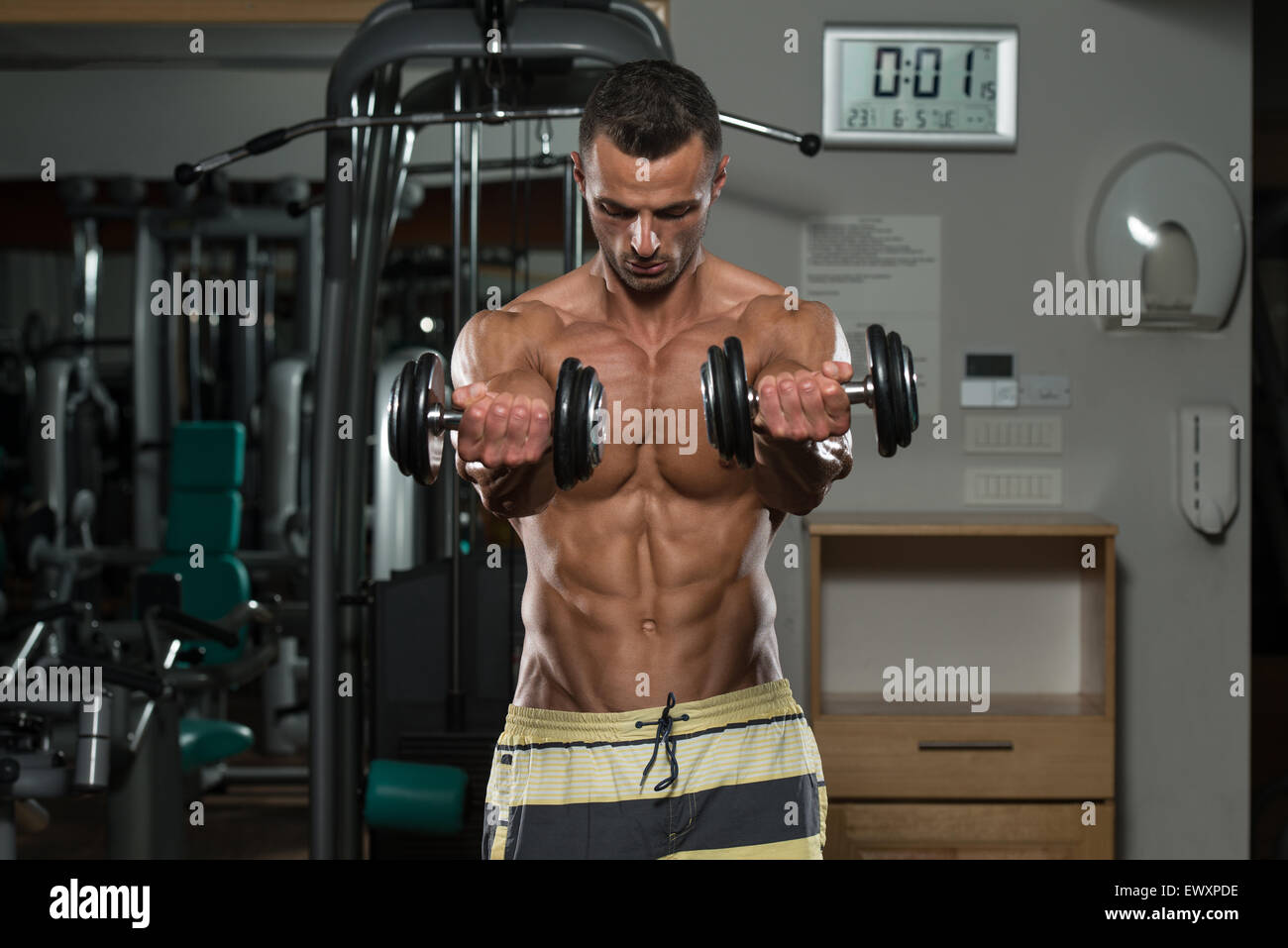 Young Man Working Out Chest - Dumbbell Concentration Curls Stock Photo ...