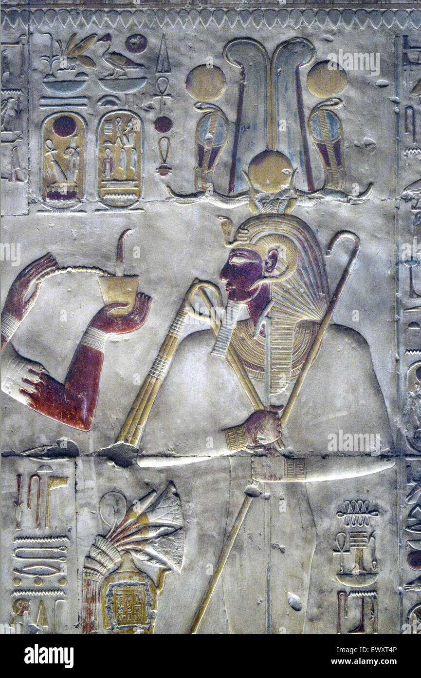 Abydos,Egypt, the mortuary temple of pharaoh Seti I, Menmaatra, (XIX° dyn. 1321-1186 B.C.) - The god Osiris Stock Photo