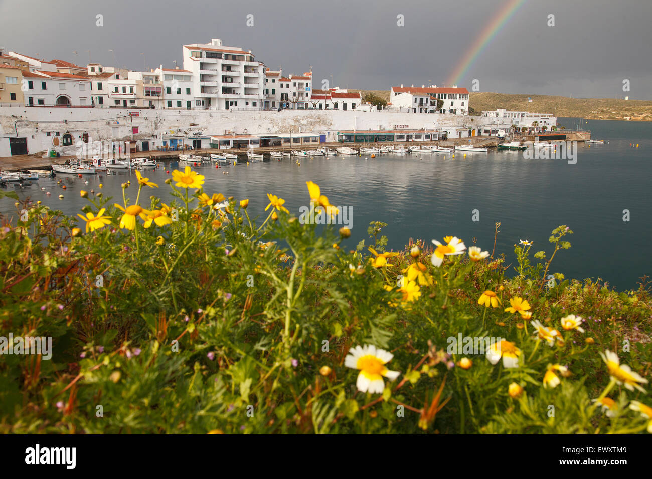 Flowers and rainbow. Cales Fonts. Balearics islands. Spain. Europe Stock Photo