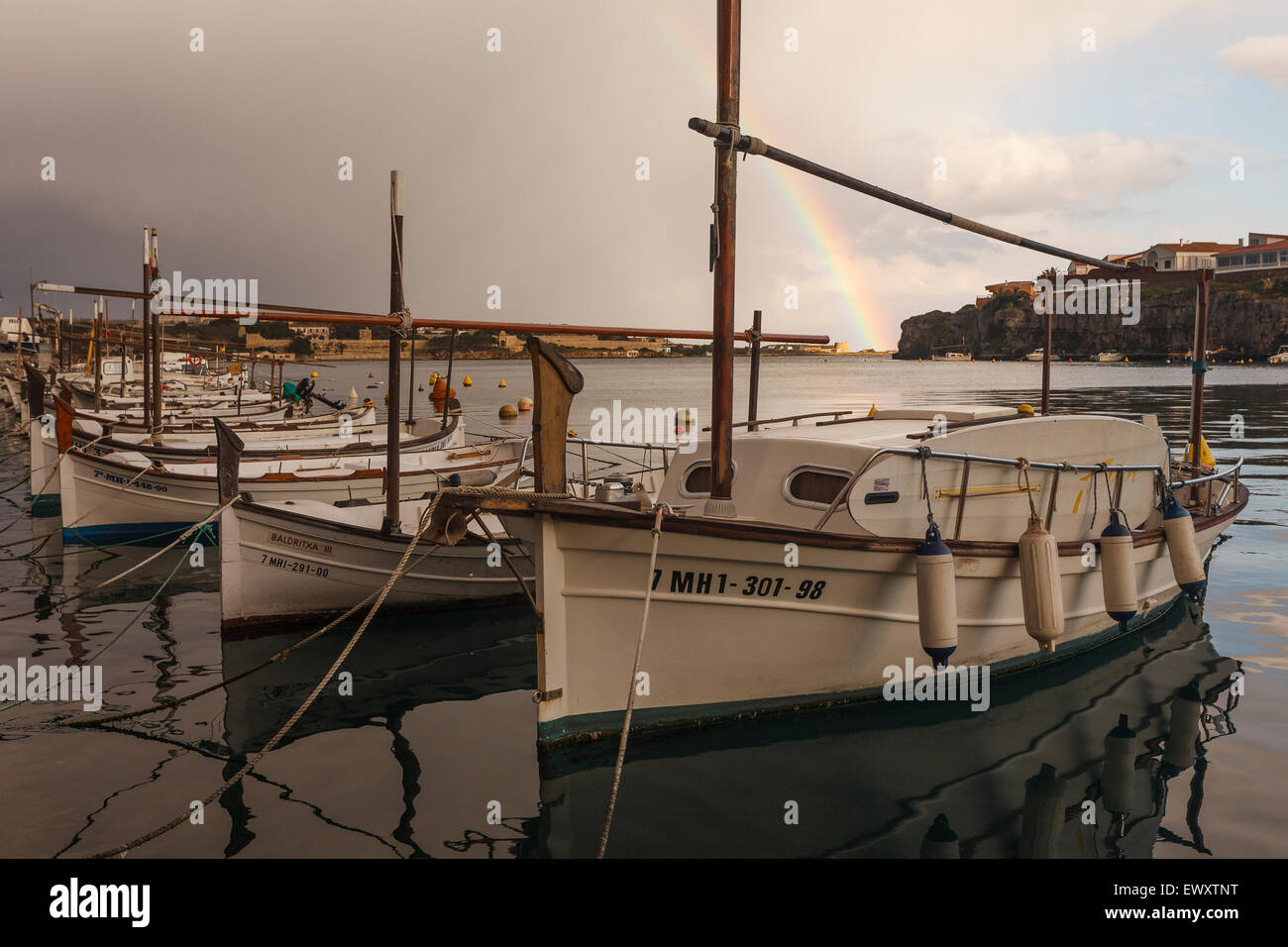 Boats and rainbow. Cales Fonts. Balearics islands. Spain. Europe Stock Photo