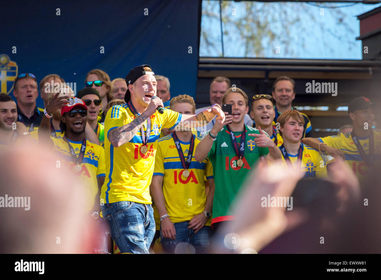 Swedish Under-21 national football team are welcomed back to Sweden after winning the UEFA Under-21 European Championship Stock Photo