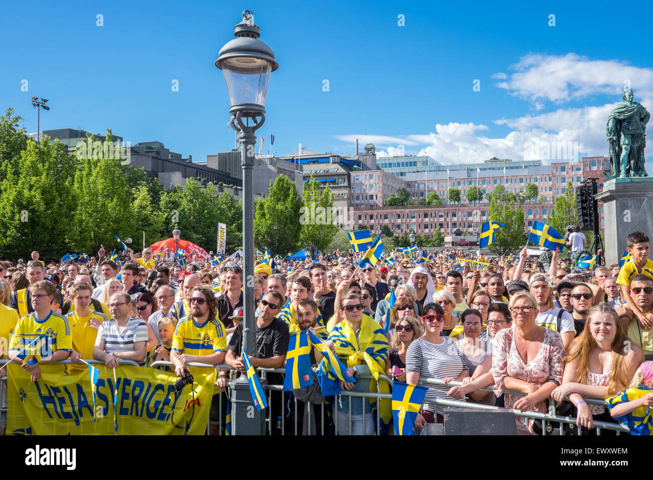 Thousands of Swedish football fans welcome back the Sweden players who won the UEFA European Under-21 Football Championship. Stock Photo