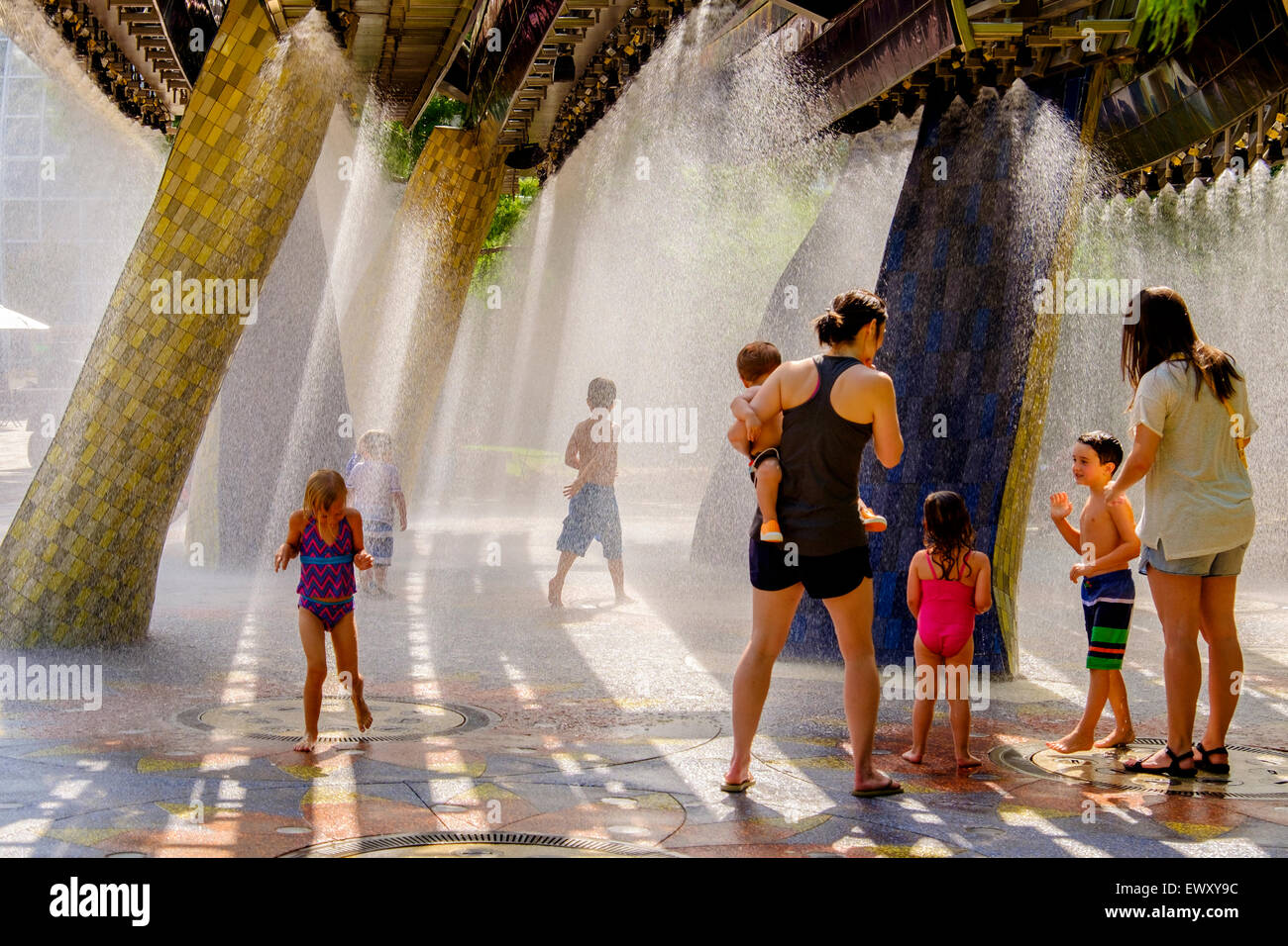 Children play at Thunder park, a splash park in downtown Oklahoma City
