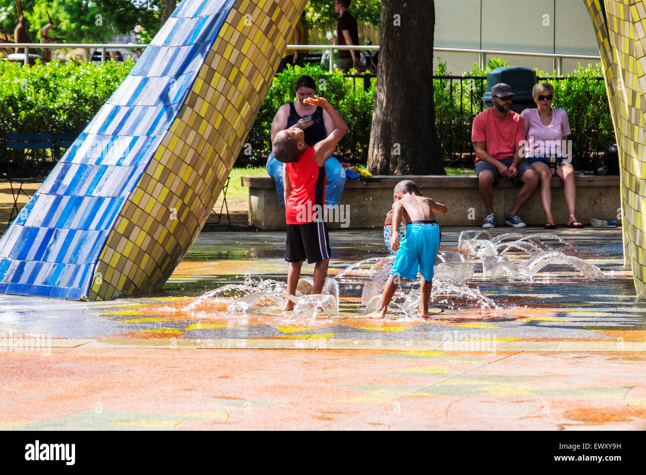 Children play at Thunder park, a splash park in downtown Oklahoma City