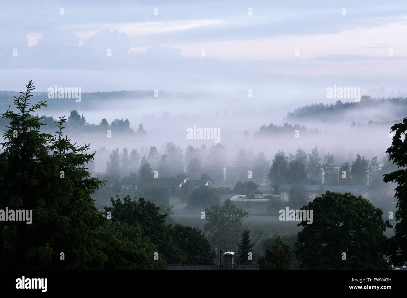 view of the small Finnish town in thick fog Stock Photo
