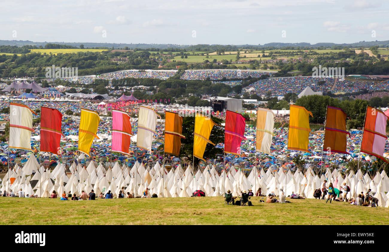 Flags and Tipis Glastonbury Festival UK Stock Photo Alamy