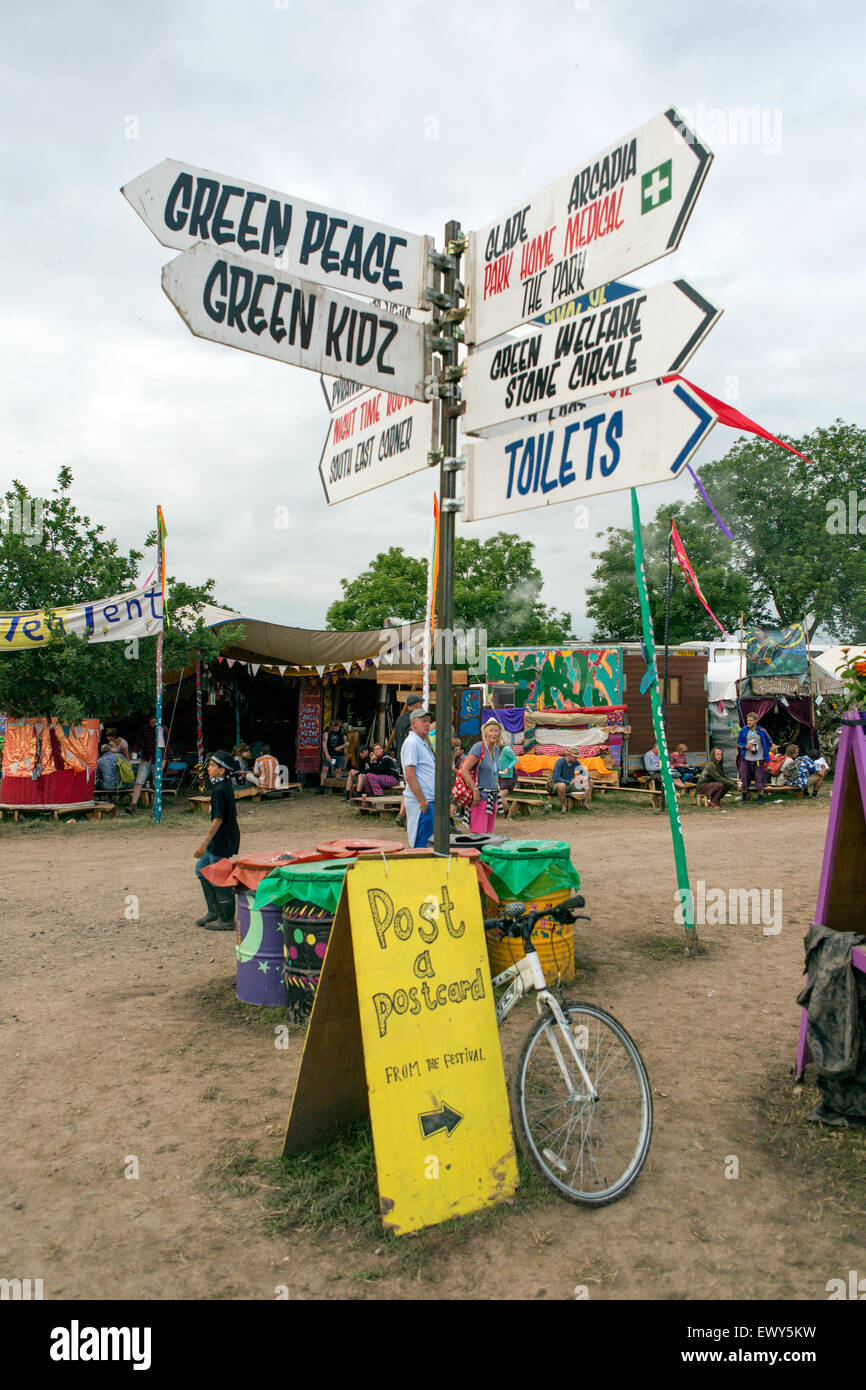 Signpost At Glastonbury Festival UK Stock Photo