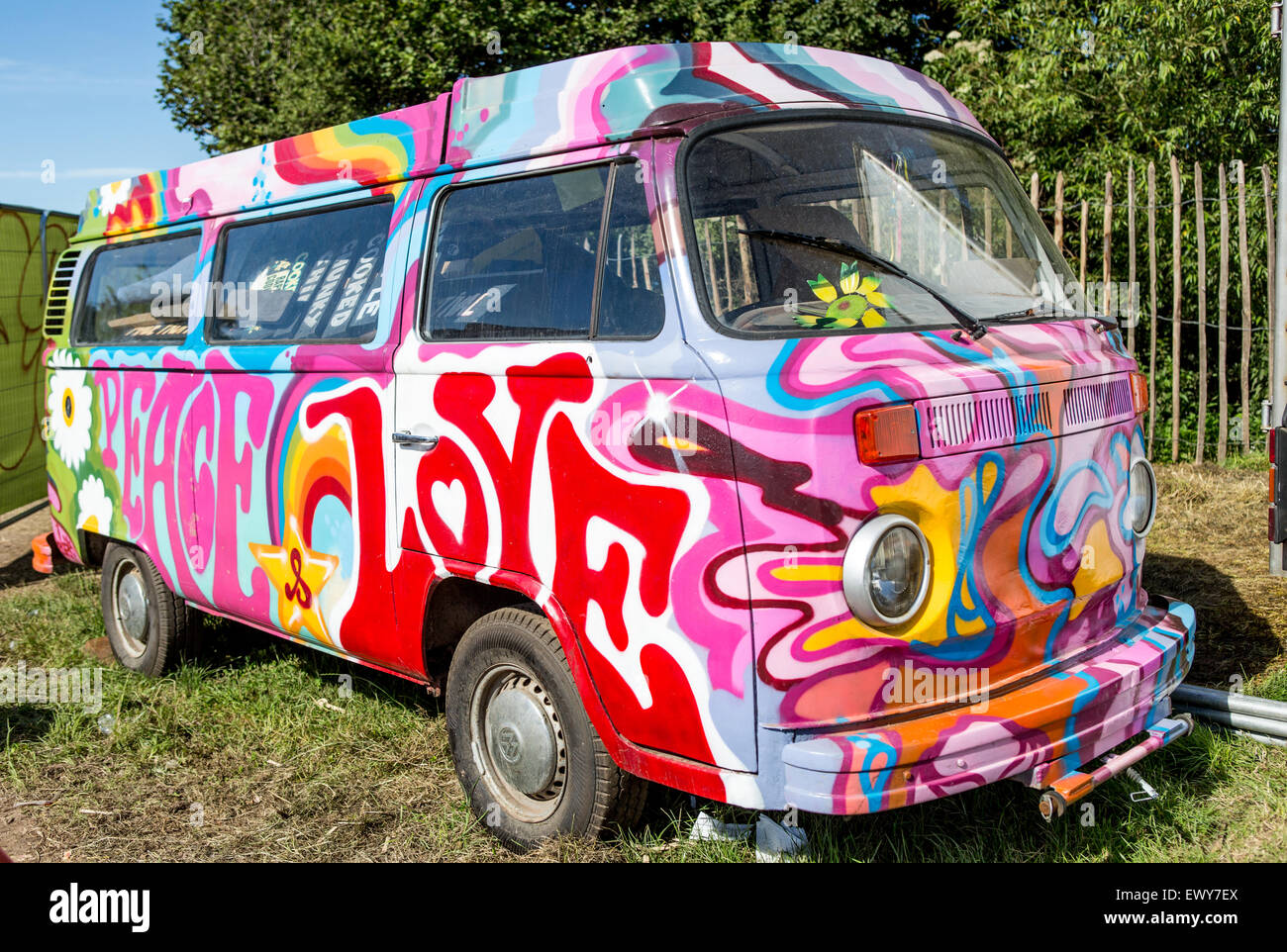 Classic Psychedelic Painted VW Camper Van Glastonbury Festival UK Stock Photo