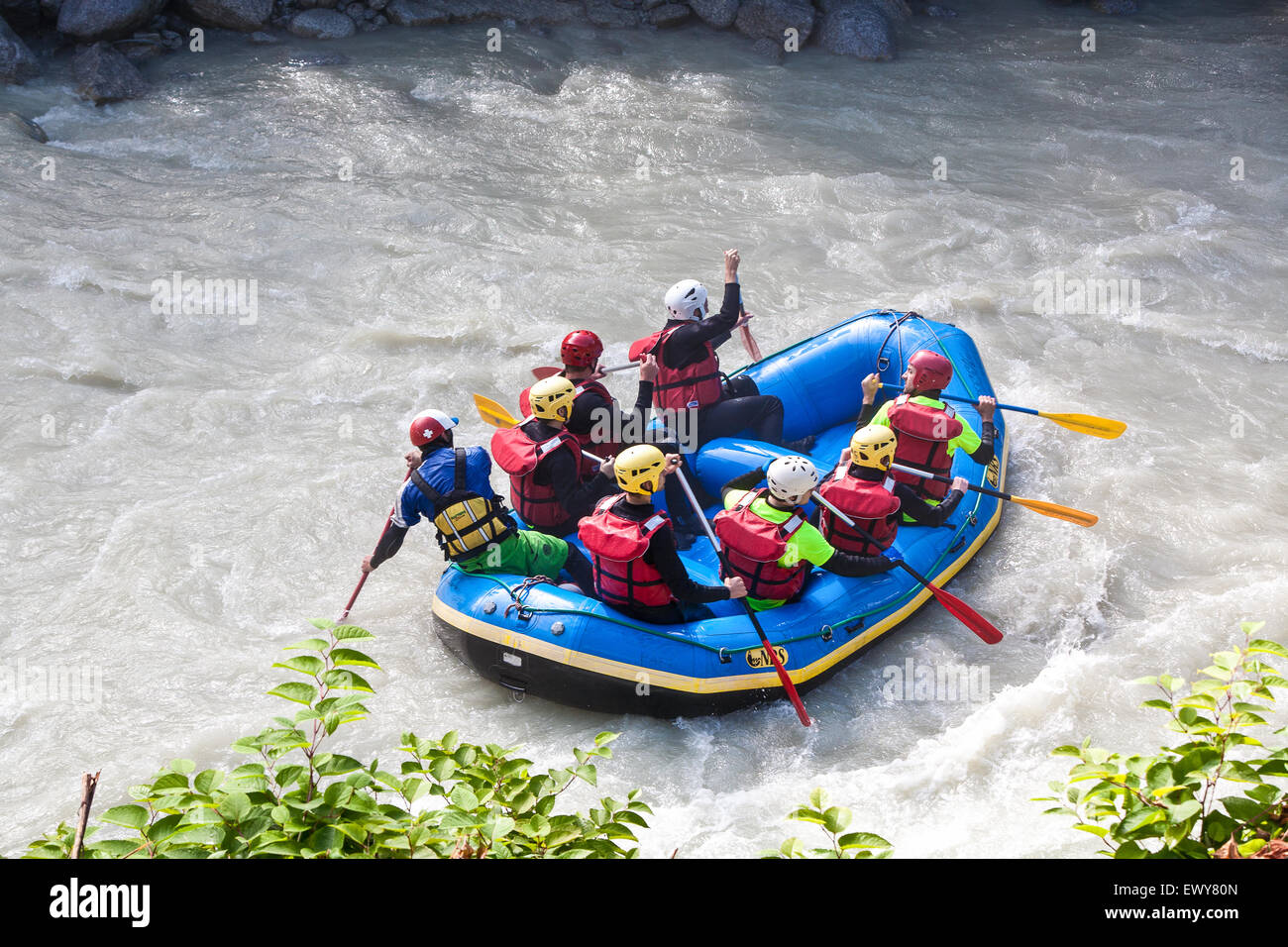 White water river rafting on L'Arve river in Chamonix Mont Blanc valley, France. August. Stock Photo