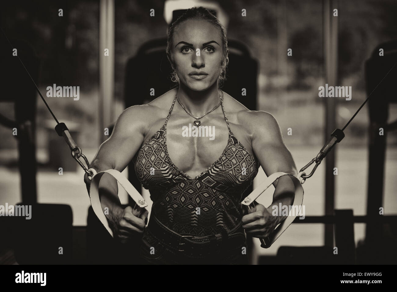 Woman Bodybuilder Is Working On Her Chest With Cable Crossover In Gym Stock Photo